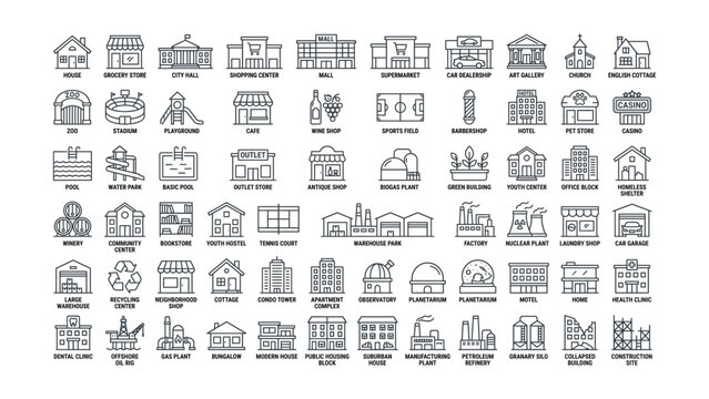 Comprehensive collection of outline icons representing diverse residential commercial and industrial buildings and public facilities for architecture and city planning designs