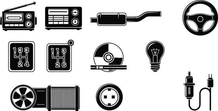 Car auto parts and electronics solid glyph icon set vector showing radio muffler steering wheel components