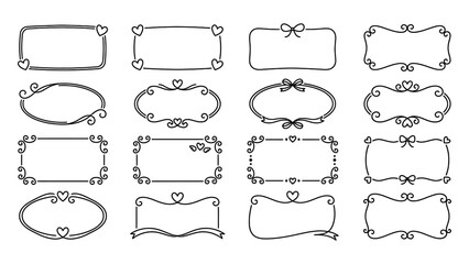 Hand drawn decorative frame vector set with hearts bows and swirls for wedding invitation and greeting card design © Artastic