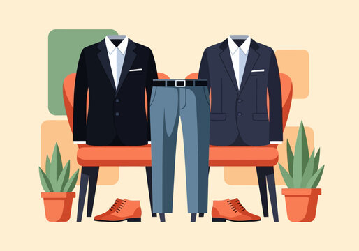 Professional Men's Formal Wear Illustration with Business Suits, Jackets, Trousers, and Dress Shoes on a Minimalist Background