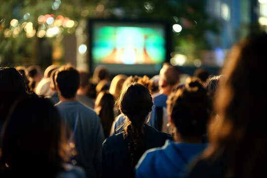 Group of people watching an outdoor movie screening together in a lively evening event