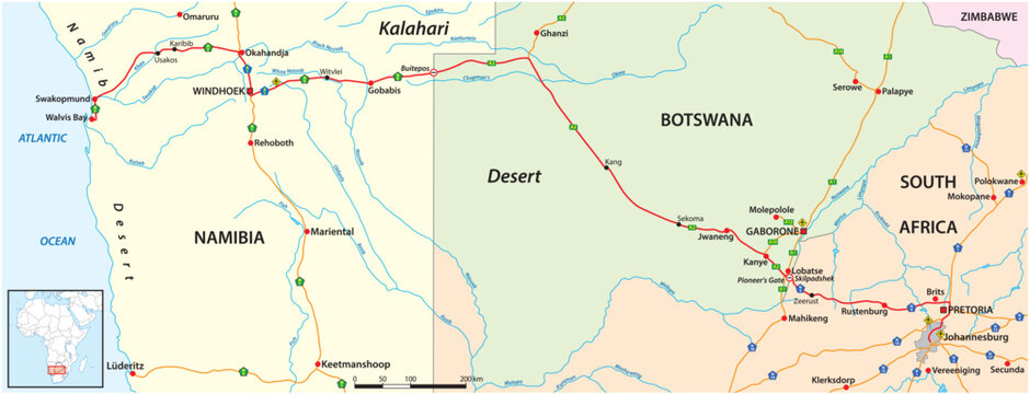 Map of the Trans Kalahari Corridor, Namibia, Botswana, South Africa
