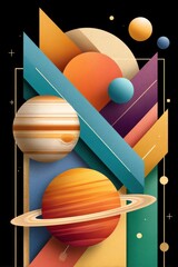 Obraz premium Abstract geometric space illustration with colorful planets, rings and layered shapes for advertising