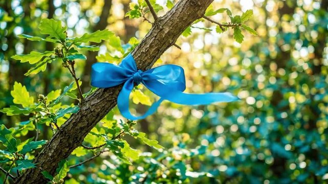 Blue ribbon tied around oak tree branch in sunny forest. Symbol of awareness and hope for missing children. International day of missing children concept