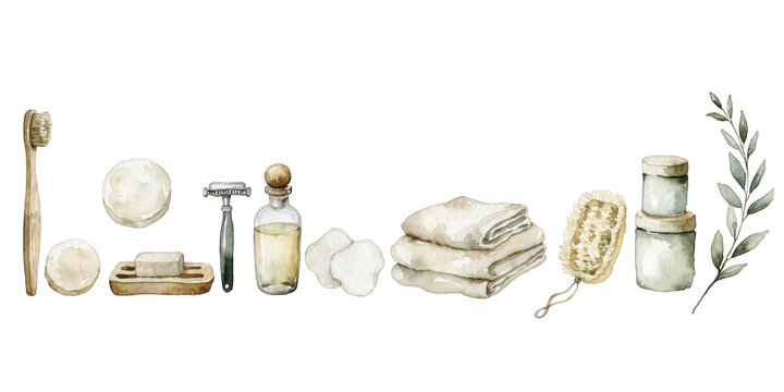 Watercolor Illustration of Plastic-Free Bathroom Essentials and Zero Waste Products on transparent Background
