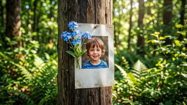 Boys smiling photo pinned to tree with forget-me-not flowers in forest. Memorial poster for missing child awareness on international missing children day. Remembrance and search concept in nature