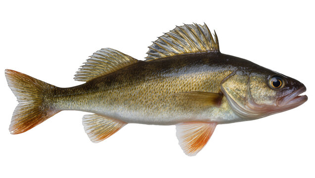 Detailed walleye fish with golden scales fins and tail, isolated on transparent background
