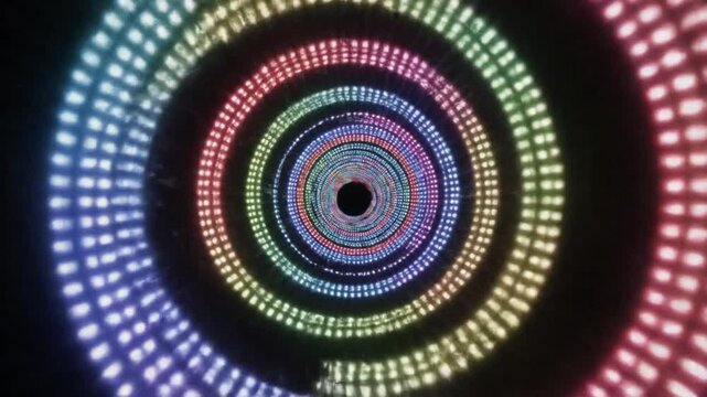 Vibrant concentric circles of colorful lights form a mesmerizing pattern on a dark background