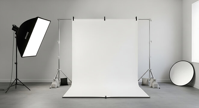 Professional Photography Studio Setup with Lighting Equipment and Backdrop.