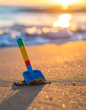 Colorful toy shovel placed on sunbathed sand, soft ocean waves in background, beach scene. Close-up.