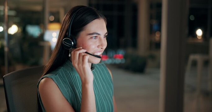 Headset, talking and consultant in office at night with multilingual advisory for global client. Smile, woman and call center agent with mic for international customer support with crm in workplace.