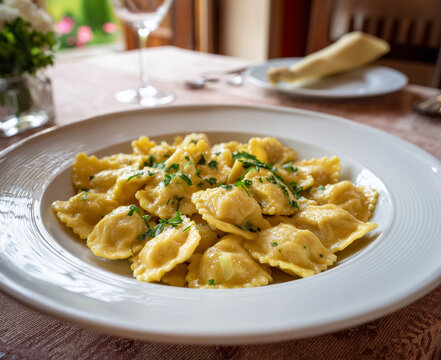 Agnolotti del Plin &ndash; Traditional Piedmont Pasta with Butter and Sage in Italian Restaurant