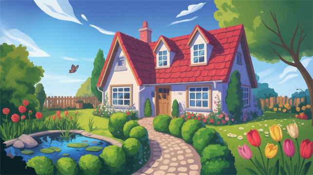 cartoon house with red roof and garden pond