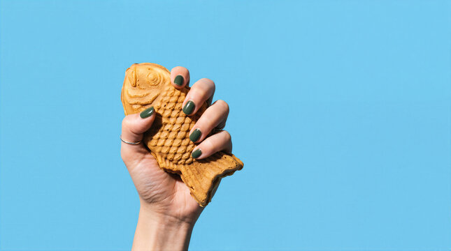 Craving and Addiction Concept with Hand Gripping Japanese Taiyaki Pastry