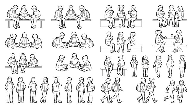 Seated & Standing Children CAD Entourage &mdash; Kids on Bench & Ground Figure Block Set
