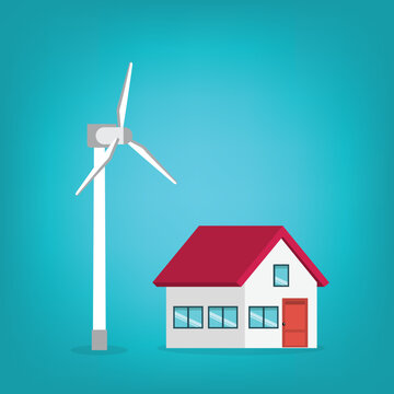 Wind Turbine Powering Sustainable House Clean Energy Renewable Electricity Concept	