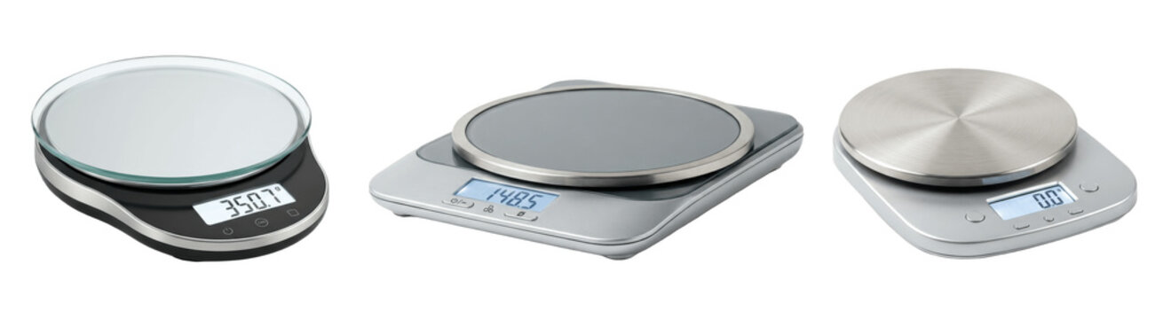 A Set of digital kitchen scales with round platforms, compact food weighing devices for baking, diet meal prep, grams and ounces LCD display, stainless PNG
