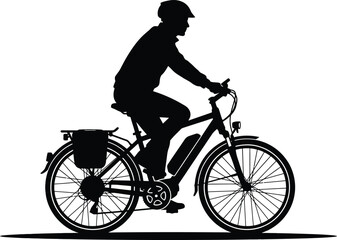 Obraz premium Commuter riding electric bicycle with storage pannier silhouette electric commuter silhouette
