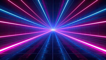 Fototapeta premium A futuristic digital tunnel with glowing neon lines receding into a bright light.