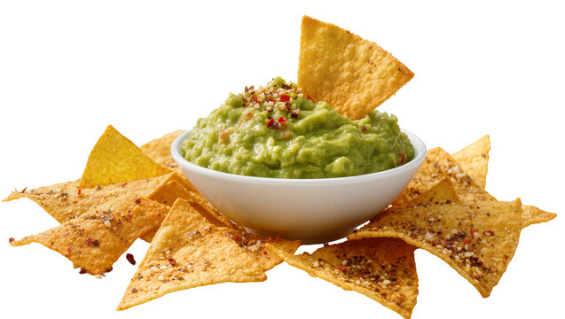 Crispy corn tortilla chips surrounding a bowl of fresh guacamole, isolated on transparent background