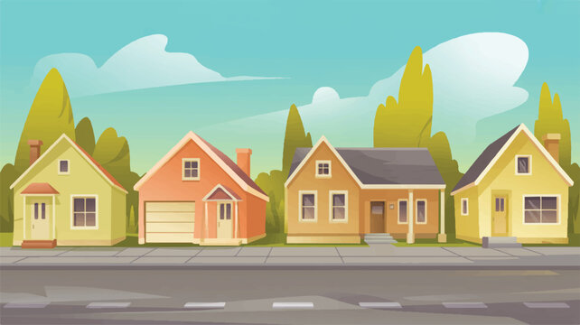 colorful cartoon houses on a suburban street with trees and sidewalk
