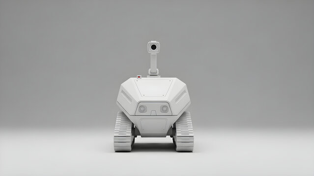 A sleek white robot with a camera on top faces forward on a gray surface in a studio.