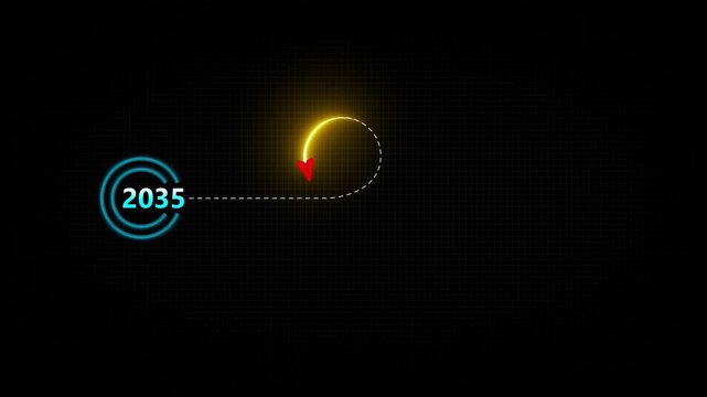 Concept of business transformation and future planning from 2035 to 2036 showing finger launching red arrow toward goal, representing leadership, direction, 4k animation. transparen black background.