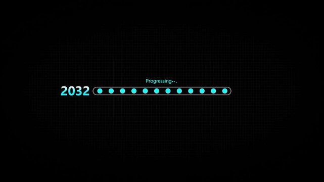 Businessman touching digital progress bar from 2032 to 2033 symbolizing future planning, strategic transition, innovation, and growth with focus on leadership, success,4k animation on black background