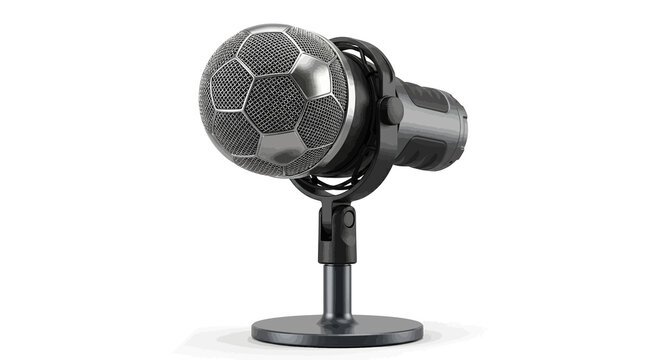 World Cup 2026 soccer microphone for sports podcast, 3D football mic render for commentator and journalism, tournament broadcasting gear isolated on white background