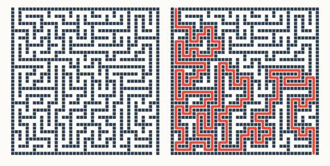 Fototapeta premium Labyrinth game grid, vector illustration style, black and red on white, puzzle solution visualization with solved path highlighted, educational brain teaser with copy space 