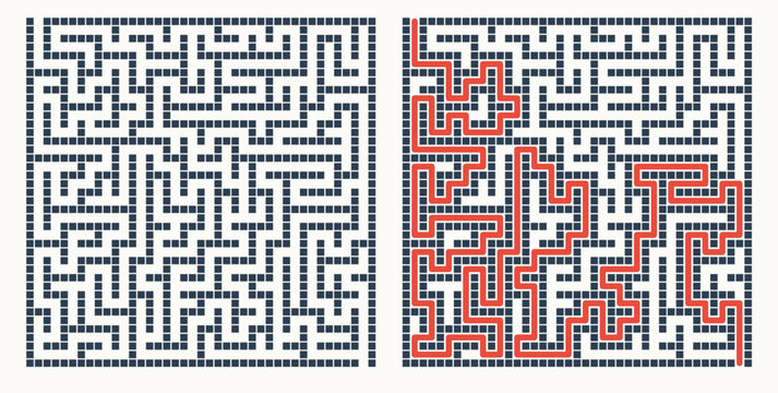 Labyrinth game grid, vector illustration style, black and red on white, puzzle solution visualization with solved path highlighted, educational brain teaser with copy space
