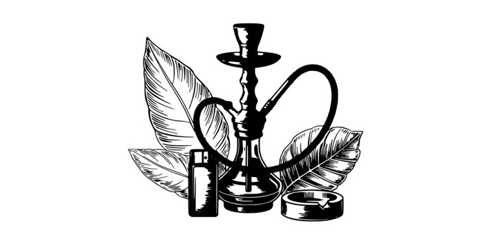 Hookah with Leaves and Accessories in a Detailed Black and White Illustration Featuring Smoking, Tobacco, Shisha with Water Pipe and Design Elements