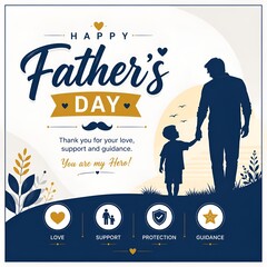 Obraz premium Happy fathers day greeting card design with silhouette of father and son walking together, silhouette