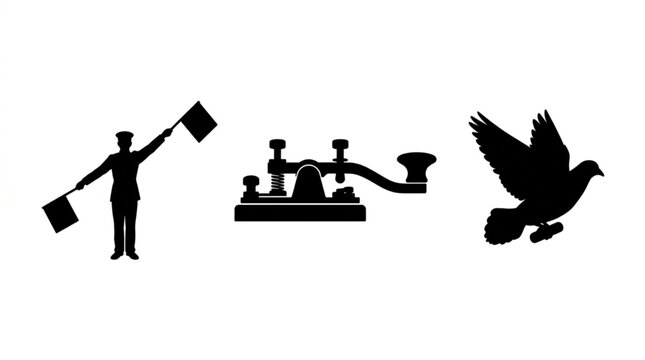 Vintage telecommunication methods set with flag semaphore signaller morse code telegraph key and flying carrier pigeon silhouette vector illustration