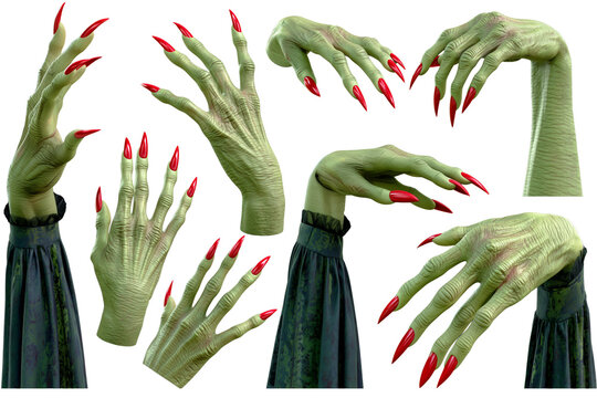 Set of green Halloween witch hands with long red stiletto nails in various poses wearing dark gothic sleeves isolated on transparent background.