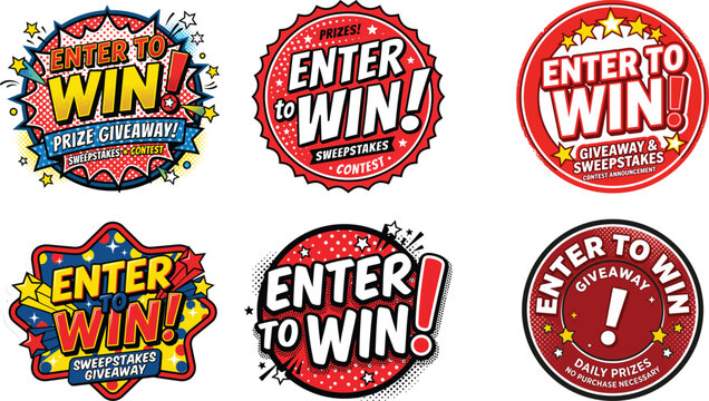 Colorful Enter to Win Contest Badges and Stickers Set on Bright Background