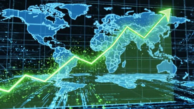 Global map with rising green arrow indicating economic growth