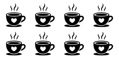 Fototapeta premium Coffee Cups with Hearts and Steam in a Row, Black and White Illustration Featuring Heart, Drink, Beverage with Hot Drink and Breakfast Elements