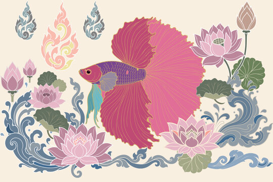 Luxury Thai betta fish decorative vector illustration featuring blooming lotus flowers, Thai water flourishes and botanical elements in elegant pastel tones, premium ornamental design.