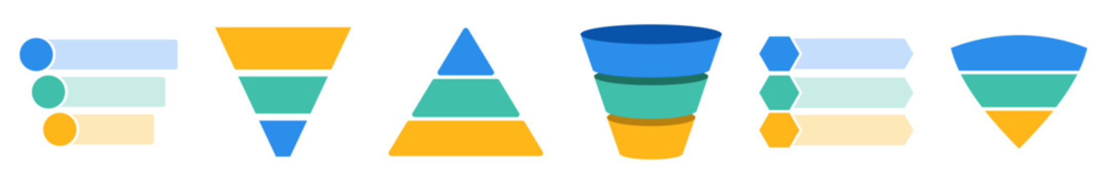 Sale marketing funnels set, business pyramid template with three steps and funnel diagram stages. Lead conversion, customer journey and revenue strategy infographic design collection