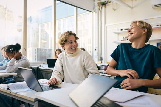 Happy teenage boys sitting at desk while studying in classroom