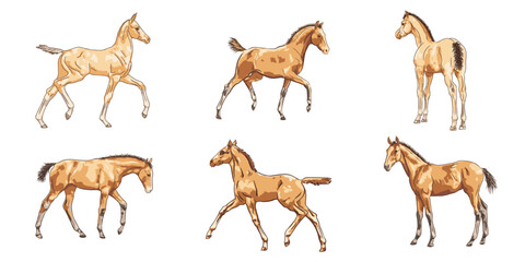 Obraz premium Foal collection of young horses in various poses isolated on light background hand drawn animal illustration