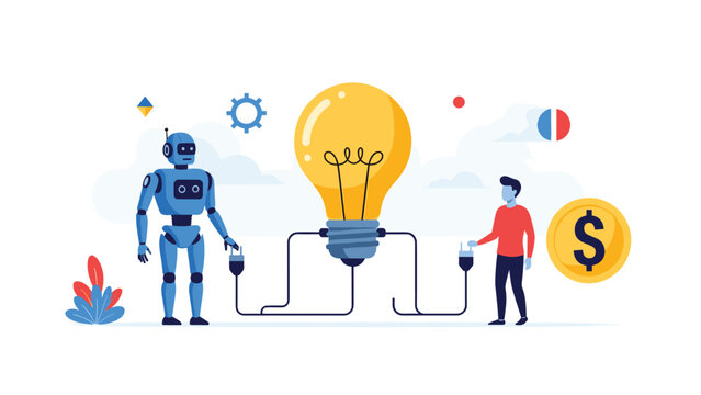 Collaborative effort between a blue robot and a man to plug in a giant light bulb representing the power of human and artificial intelligence.