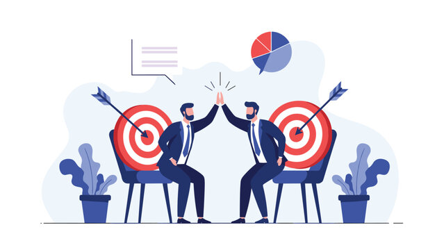 Two professional businessmen sitting on office chairs and high-fiving after successfully hitting their targets with arrows in the center.