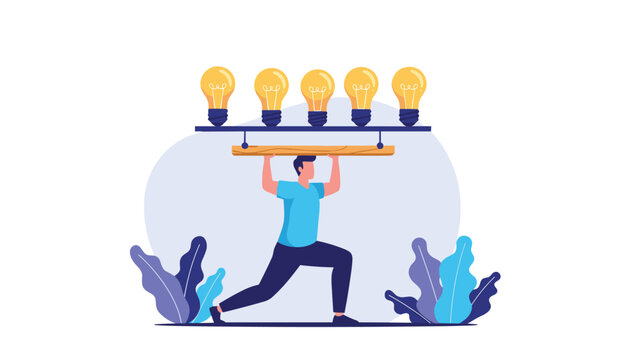 Strong man supporting a wooden platform on his shoulders that holds five glowing light bulbs representing the weight and value of ideas.
