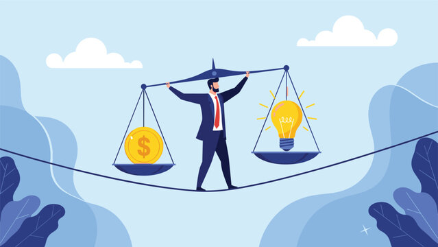 Determined businessman balancing scale with gold coin and glowing lightbulb while walking across thin tightrope.