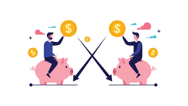Two businessmen riding pink piggy banks toward each other with giant crossing arrows pointing downwards as financial loss.