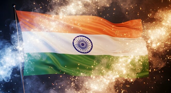 Indian independence day victory freedom flag waving in fireworks smoke