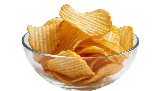 Crispy ridged potato chips piled high in a clear glass bowl, isolated on transparent background