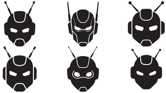 Dark robotic insect head icon set with antennae, angular eyes, and futuristic mechanical styling isolated on black background